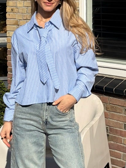 MAAN CROPPED BLOUSE MET STROPDAS | BLAUW WIT GESTREEPT MET STRASS
